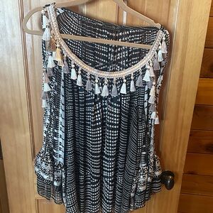 My Story Black & Tan Tassel Trim Cutout Shoulders Flowing Top